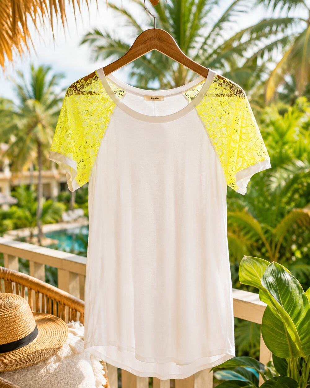 A. Gain White Top with Neon Yellow Lace Sleeves | Women's Small